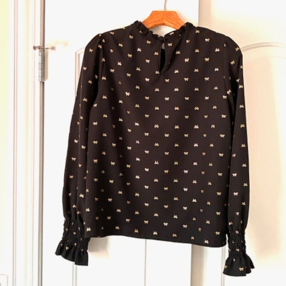 Like New! Elegant Black Ruffled Neck & Sleeve Blouse with Gold Bow Pattern